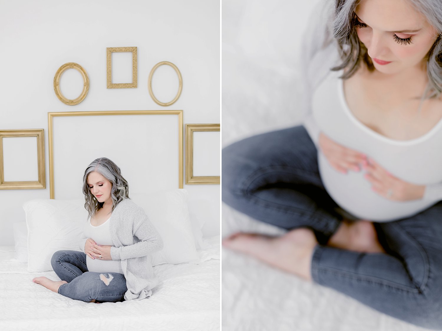 pregnant woman posing for modern maternity photos in studio wearing denim jeans and a cozy light grey sweater