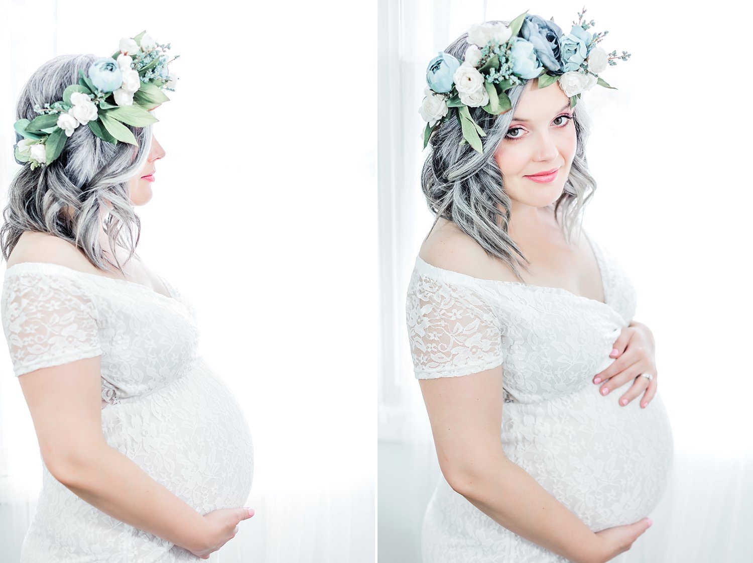 a side by side comparison photo of mother's baby bump in modern studio portraits