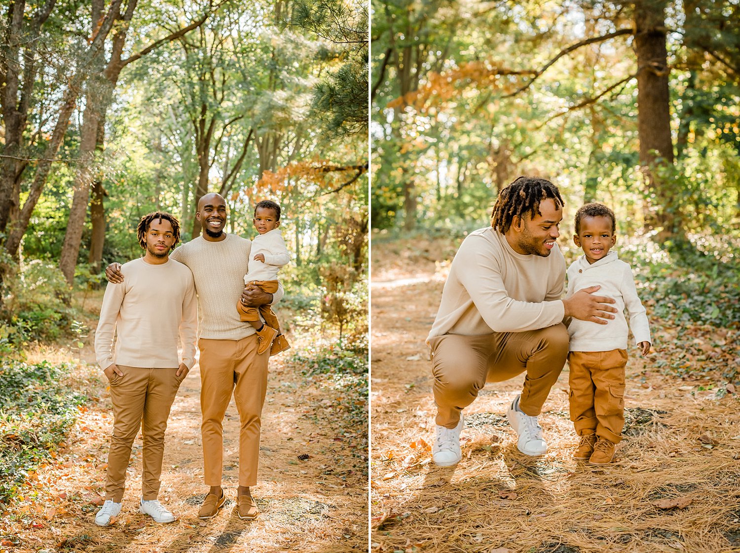 Father and son portraits in fall family session wearing cream and tan