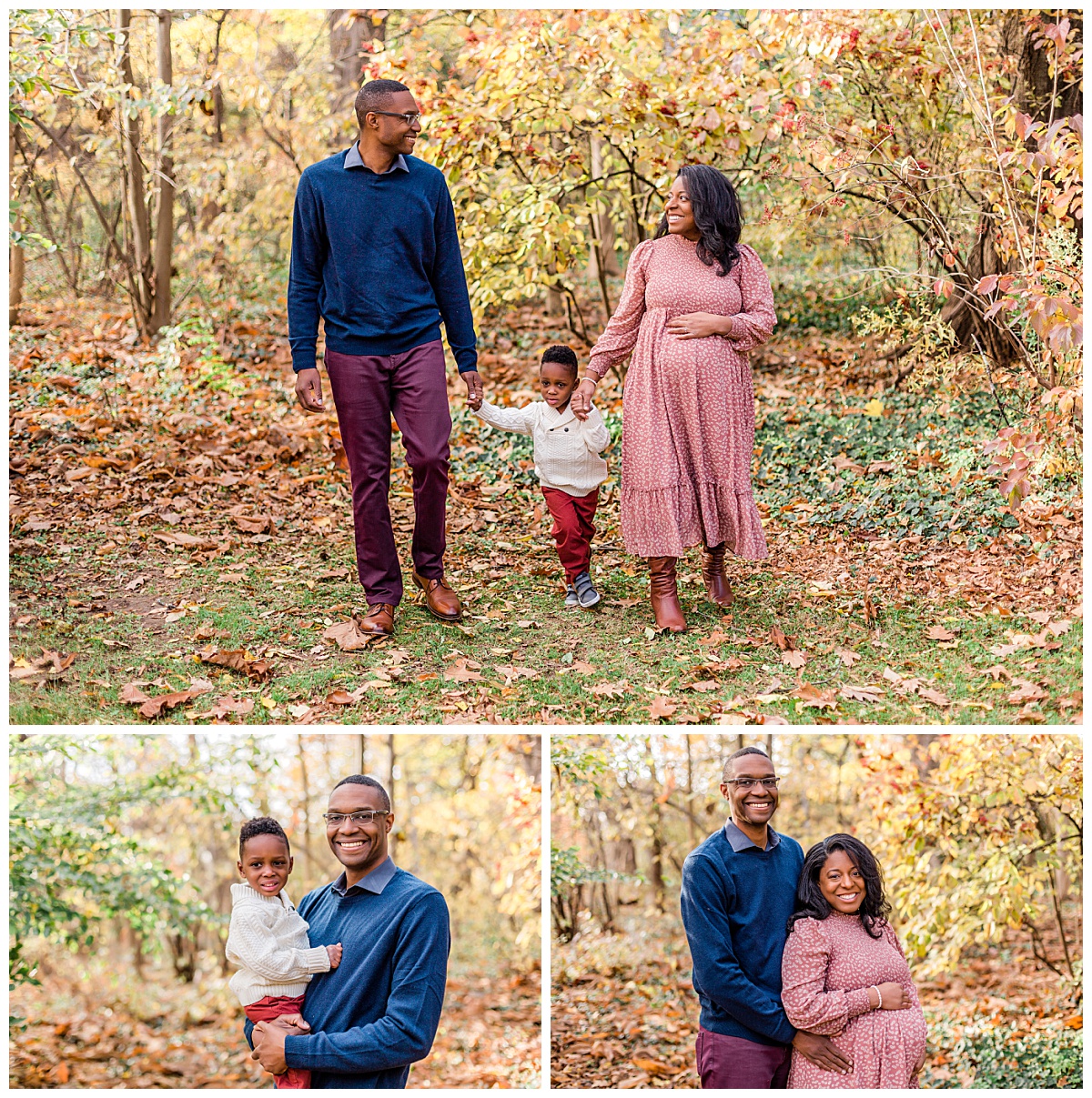 Fall mini session for a family of three with a little boy at Awbury Arboretum taken by Ann Blake Photography, a Philadelphia family photographer.