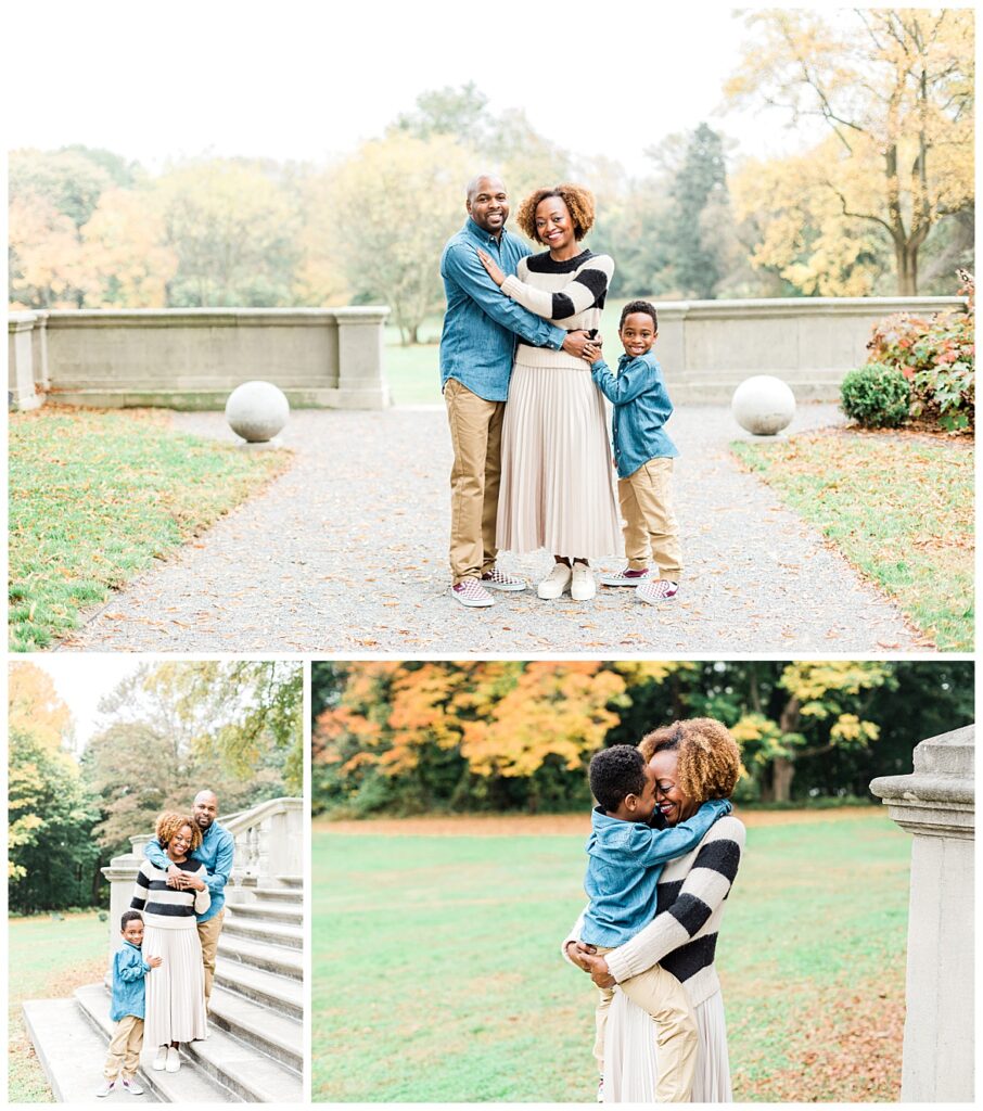 Family of three with young boy at Curtis Hall Arboretum, one of the best locations for fall mini sessions. Taken by Ann Blake Photography, a Philadelphia family photographer.