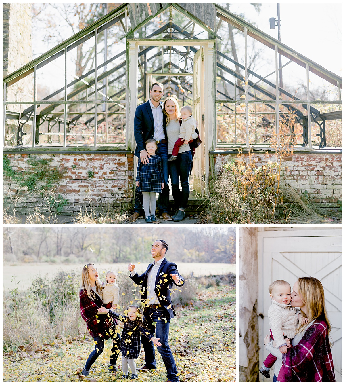 Family of four throwing leaves in the air at Valley Forge National Park for their fall family mini session taken by Ann Blake Photography.